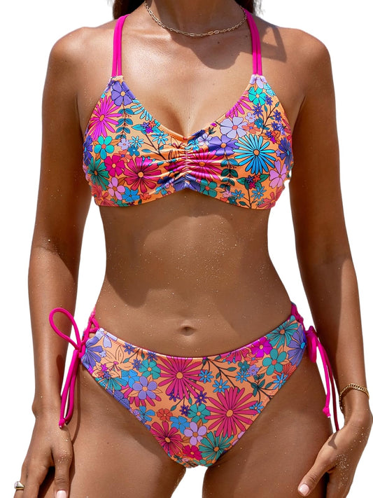 CUPSHE Women's 2 Piece Bikini Set Back Braided Straps with Reversible Bottom M, Magenta/Ditsy