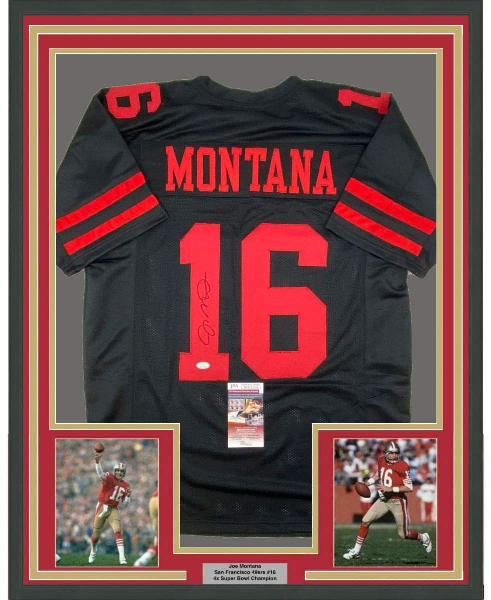 Framed Autographed/Signed Joe Montana 35x39 San Francisco Black Football Jersey JSA COA