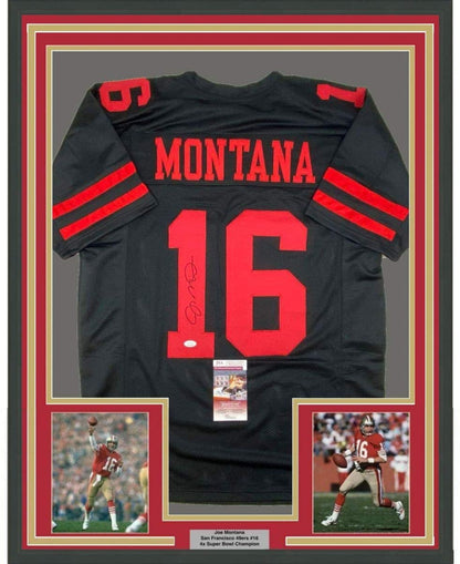 Framed Autographed/Signed Joe Montana 35x39 San Francisco Black Football Jersey JSA COA