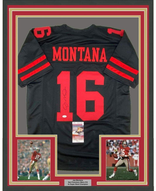 Framed Autographed/Signed Joe Montana 35x39 San Francisco Black Football Jersey JSA COA