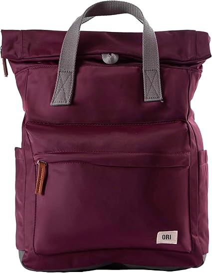 ORI LONDON Rolltop Backpack for Men & Women - Medium Nylon Travel Backpack with Multiple Pockets for Laptop, Phone, Keys, Wallet, Bottles - The Canfield, Plum Backpack, 16.5x11.8x4.7‰۝