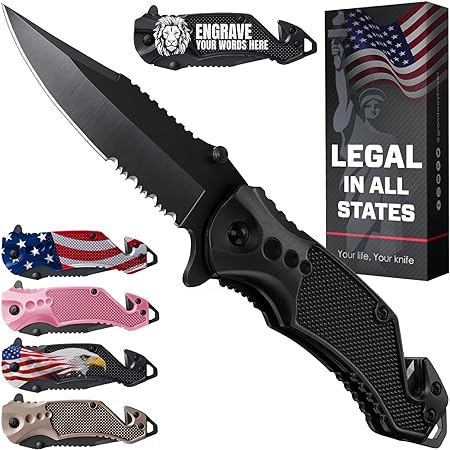 Legal Pocket Knife with 2.95‰۝ Serrated Blade, Glass Breaker, Seat Belt Cutter - EDC Sharp Folding Knives with Portable Clip - Small Tool for Tactical Camping Survival Hiking - Gifts for Men 6680