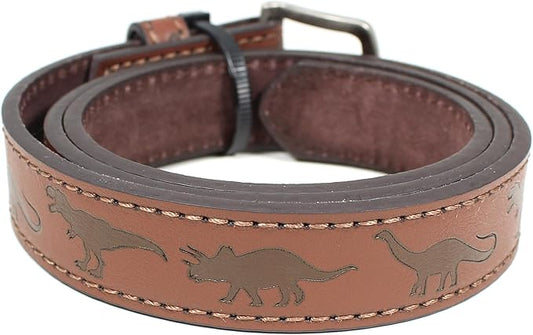 Kids Leather Belt Strap and Metal Buckle 1" Wide with Snaps - Construction Equipment Excavator Bulldozer Dinosaurs T-Rex