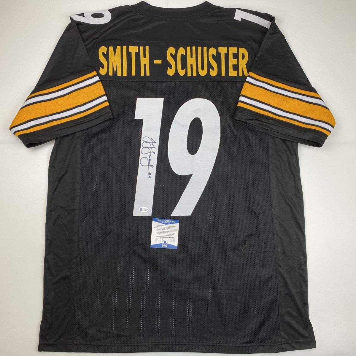 Autographed/Signed JuJu Smith-Schuster Pittsburgh Black Football Jersey Beckett BAS COA