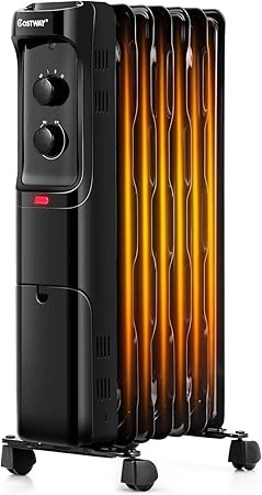 COSTWAY Oil Filled Radiator Heater, 1500W Electric Oil Heater with 3 Heating Mode, Adjustable Thermostat, Tip-Over & Overheat Protection, Portable Space Heater for Indoor Use Home Office, Black