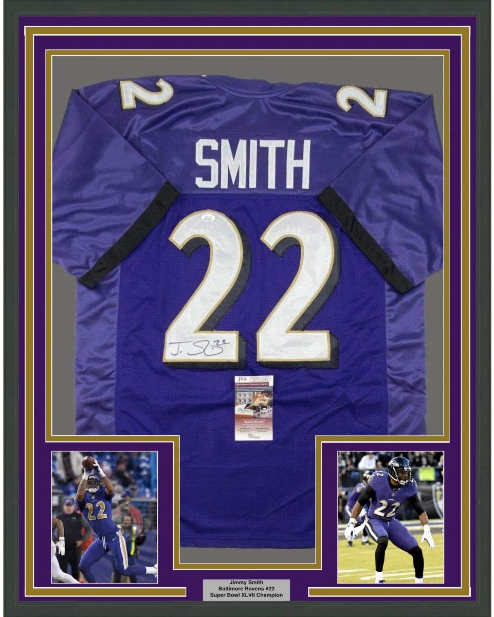 Framed Autographed/Signed Jimmy Smith 35x39 Baltimore Purple Football Jersey JSA COA