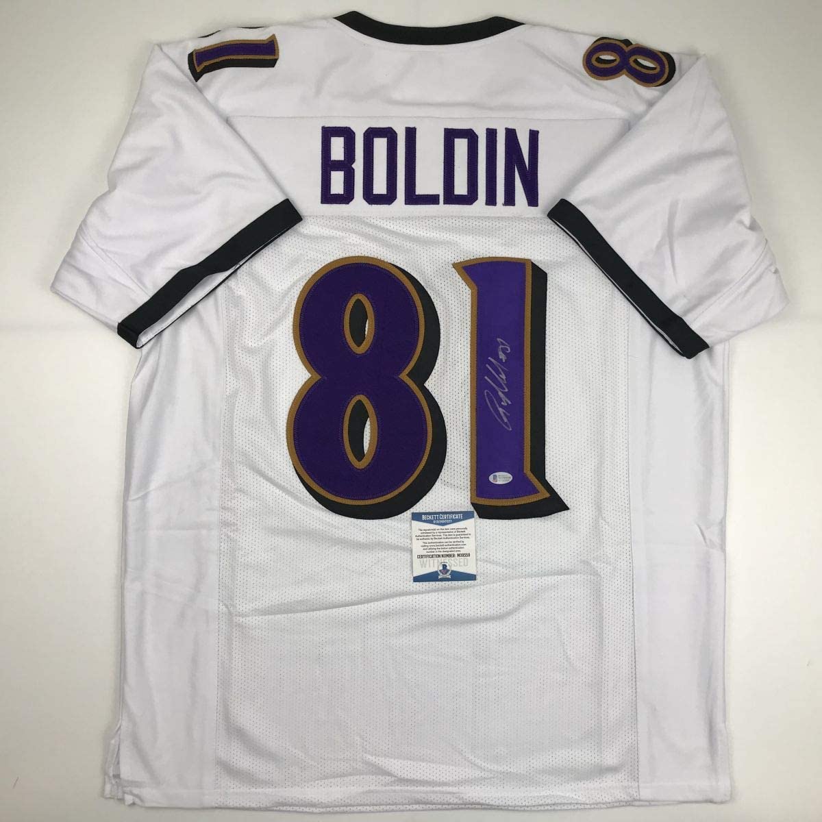 Autographed/Signed Anquan Boldin Baltimore White Football Jersey Beckett BAS COA