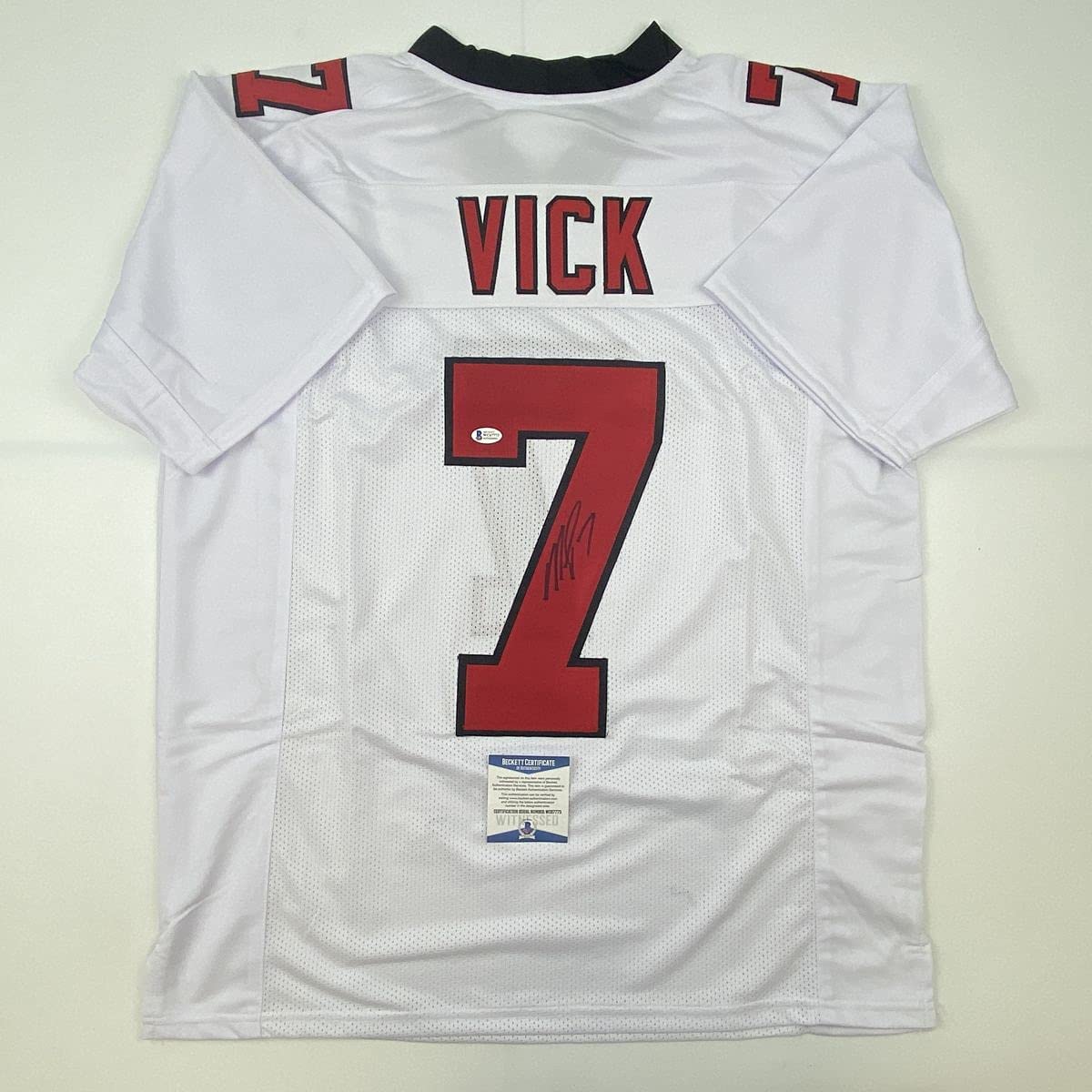 Autographed/Signed Michael Mike Vick Atlanta Retro White Football Jersey Beckett BAS COA