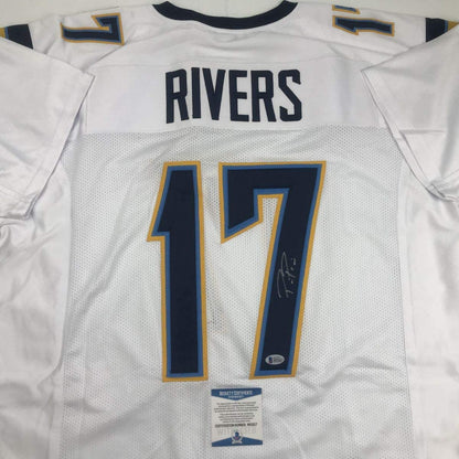 Autographed/Signed Philip Rivers Los Angeles LA White Football Jersey Beckett BAS COA