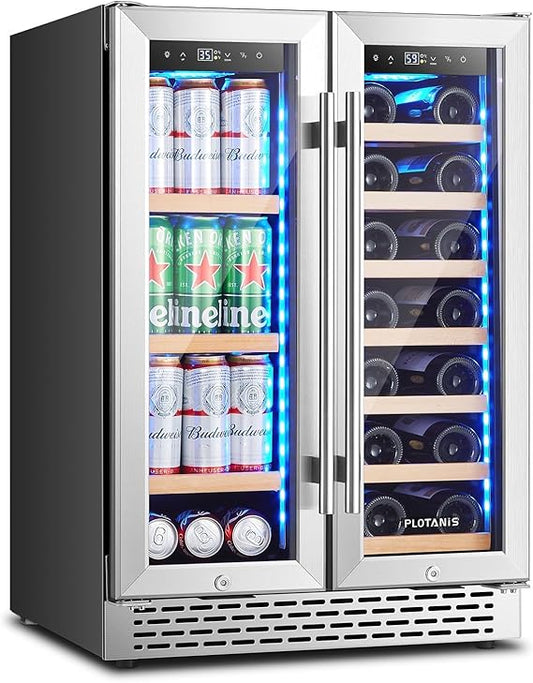 24 Inch Wine Fridge Dual Zone 20 Bottles 60 Cans Wine Refrigerator Built-in or Freestanding Wine Beverage Cooler with Glass Door, 3-Color Light, Safety Lock
