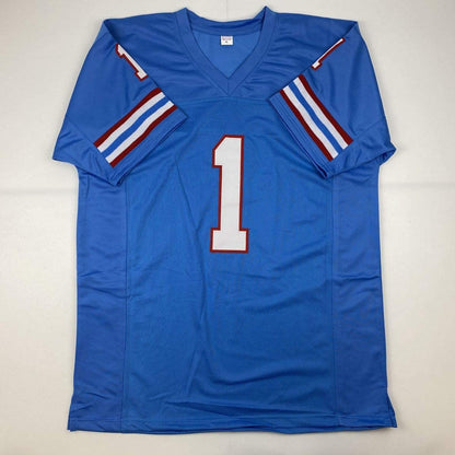 Autographed/Signed Warren Moon HOF 06 Houston Blue Football Jersey JSA COA