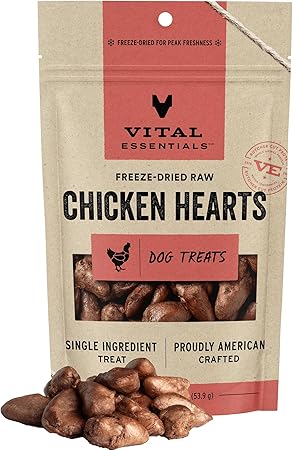 Vital Essentials Chicken Hearts Dog Treats, 1.9 oz | Freeze-Dried Raw | Single Ingredient | Premium Quality High Protein Training Treats | Grain Free, Gluten Free, Filler Free