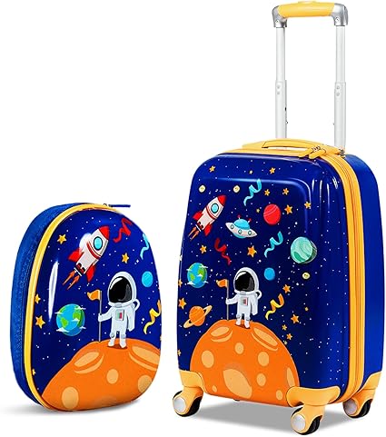 BABY JOY 2 PC Kids Carry On Luggage Set, 12_ѝ Backpack & 18_ѝ Toddler Suitcase, Hard Shell Travelling Case & Backpack w/ 4 Rotating Casters, Cute Rolling Trolley Case for Boys & Girls (Astronaut)