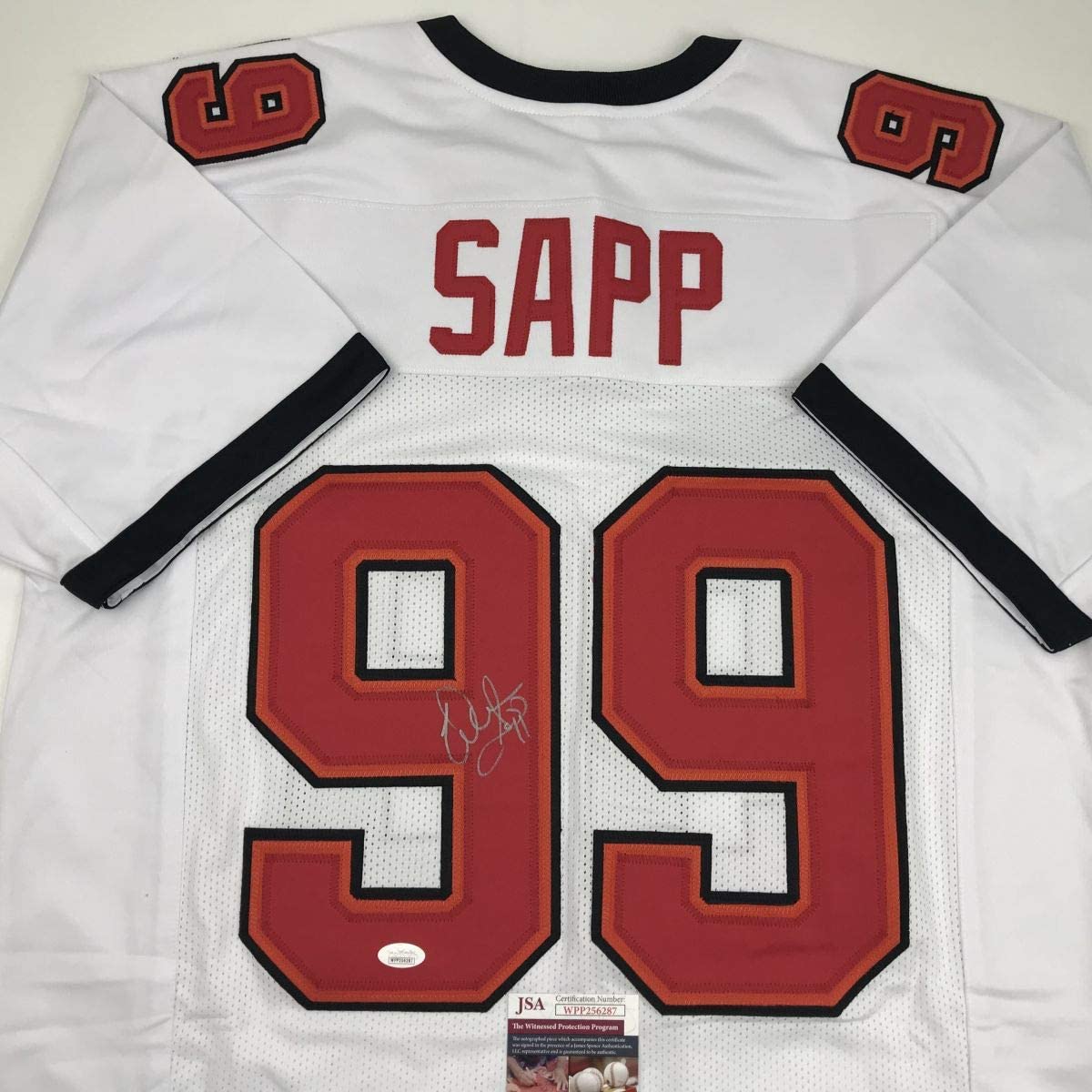 Autographed/Signed Warren Sapp Tampa Bay White Football Jersey JSA COA