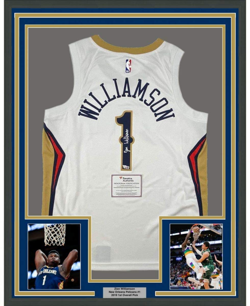 Framed Autographed/Signed Zion Williamson 35x39 New Orleans Pelicans White Swingman Nike Basketball Jersey Fanatics COA
