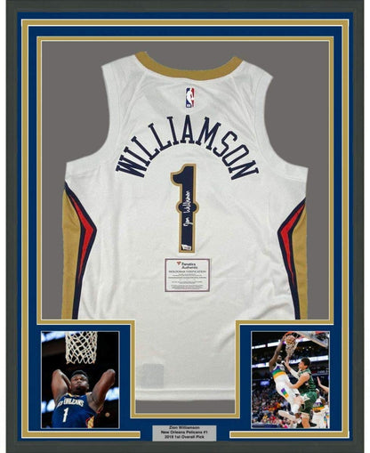 Framed Autographed/Signed Zion Williamson 35x39 New Orleans Pelicans White Swingman Nike Basketball Jersey Fanatics COA