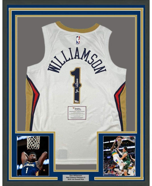 Framed Autographed/Signed Zion Williamson 35x39 New Orleans Pelicans White Swingman Nike Basketball Jersey Fanatics COA