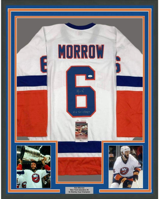Framed Autographed/Signed Ken Morrow 4x SC Champs 35x39 New York White Hockey Jersey JSA COA