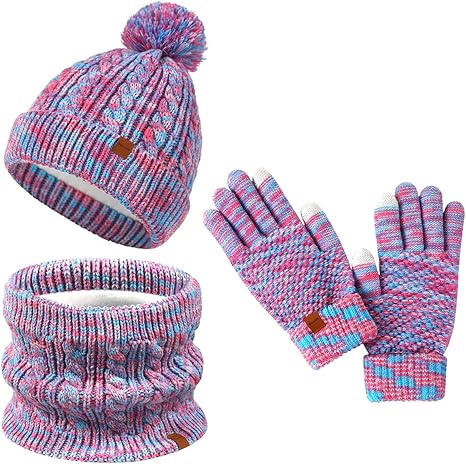 Kids Winter Hat Gloves Scarf Set, Girls Boys Children Hats Beanie with Pom Knit Neck Warmer Gaiter Mittens Fleece Lined Set