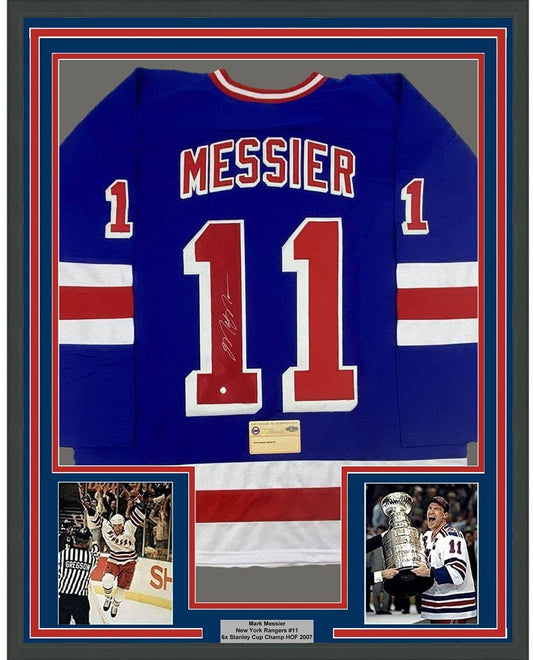 Framed Autographed/Signed Mark Messier 35x39 New York Blue Hockey Jersey Steiner Sports COA