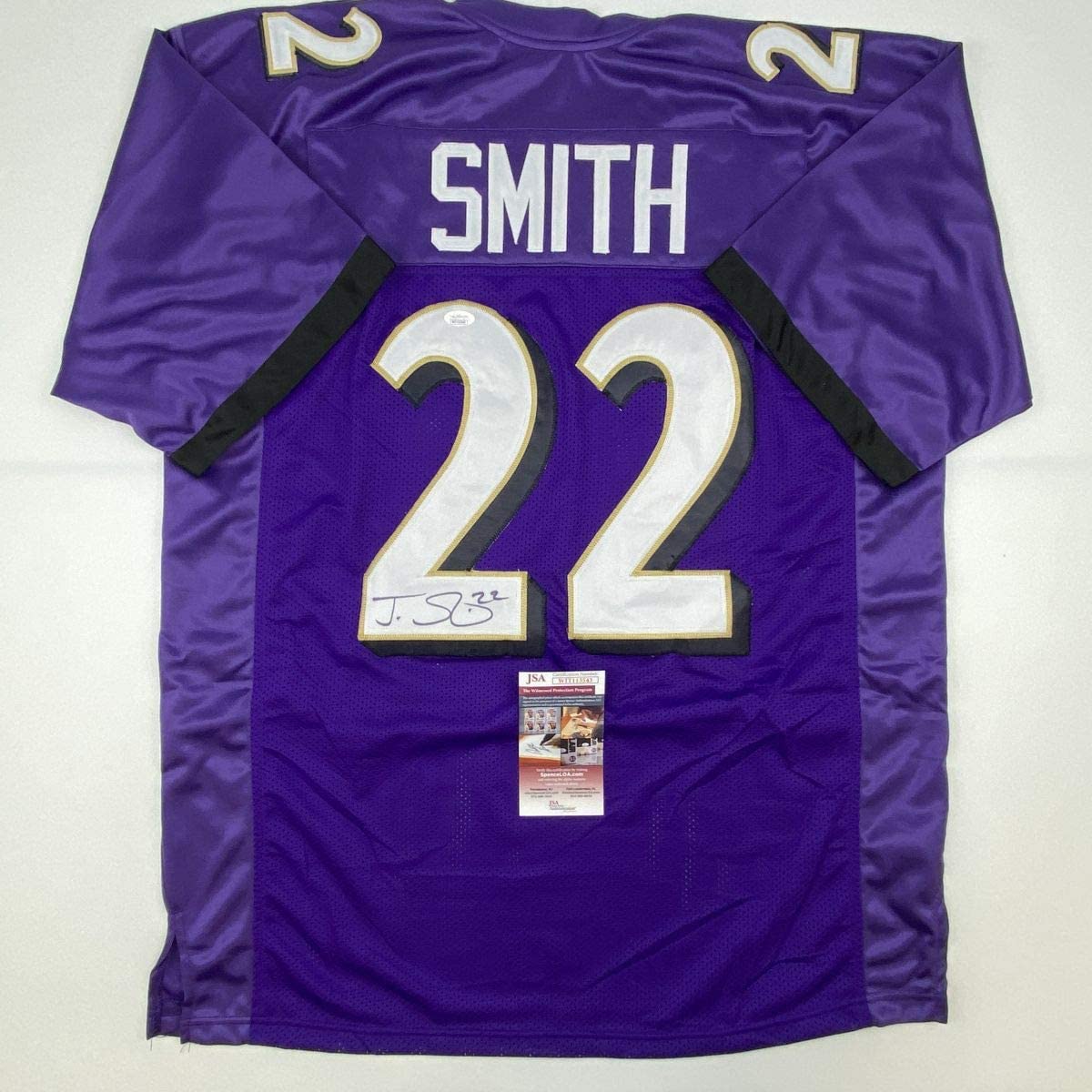 Autographed/Signed Jimmy Smith Baltimore Purple Football Jersey JSA COA