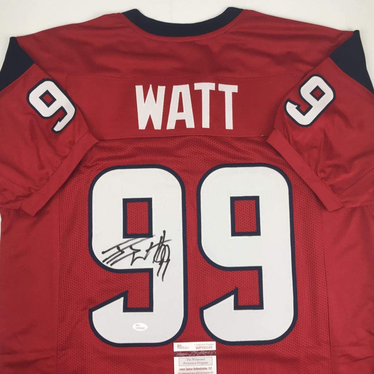 Autographed/Signed J.J. JJ Watt Houston Red Football Jersey JSA COA