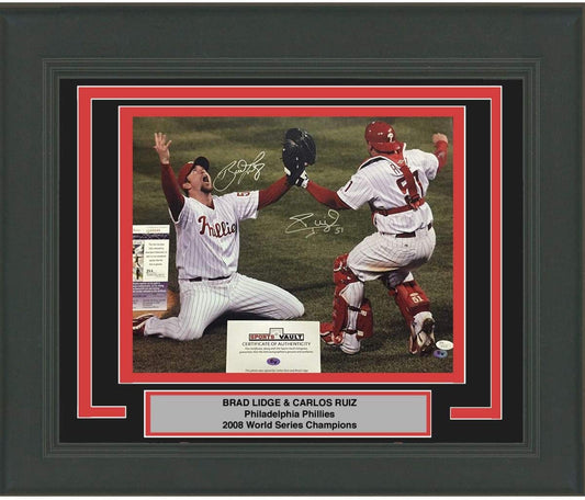 Framed Autographed/Signed Brad Lidge & Carlos Ruiz Dual 2008 World Series Philadelphia Phillies 16x20 Baseball Photo JSA COA