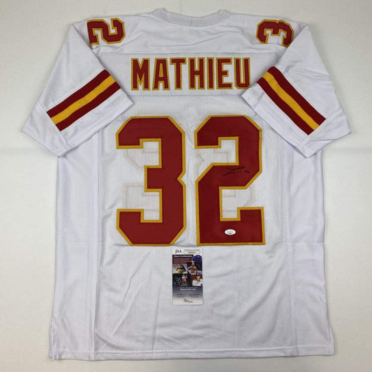 Autographed/Signed Tyrann Mathieu Kansas City White Football Jersey JSA COA