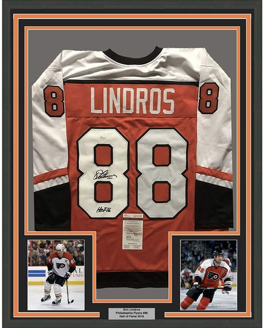 Framed Autographed/Signed Eric Lindros HOF 16 35x39 Philadelphia Orange Hockey Jersey JSA COA