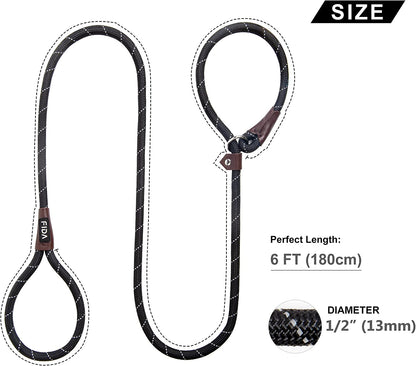 Fida Durable Slip Lead Dog Leash, 6 FT x 1/2" Heavy Duty Dog Loop Leash, Comfortable Strong Rope Slip Leash for Large, Medium Dogs, No Pull Pet Training Leash with Highly Reflective, Black