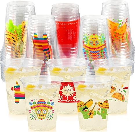 100Pcs Fiesta Cups, 12 OZ Plastic Disposable Clear Mexican Cups for Cinco De Mayo Drinkware Party Supplies Fiesta Taco Birthday Party Decorations, 5 Designs