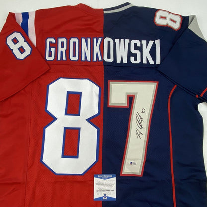 Autographed/Signed Rob Gronkowski New England Split Football Jersey Beckett BAS COA
