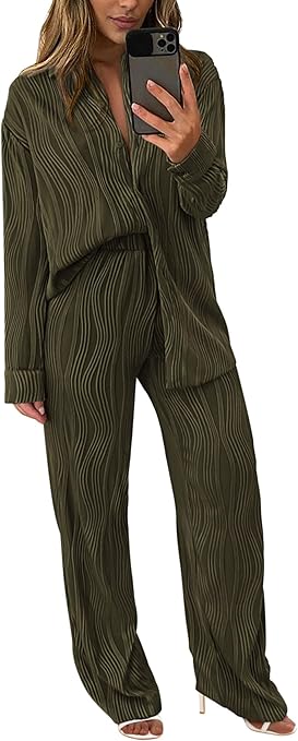 PRETTYGARDEN Women's 2 Piece Textured Sets Casual Button Down Shirt Wide Leg Pants Outfit Loungewear Tracksuit