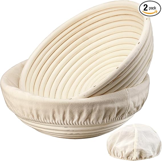 Banneton Bread Proofing Basket, Banneton Basket Set of 2, 9 inch Sourdough Proofing Basket Round Proofing Bowls Handmade Rattan Baskets and Liners, Artisan Sourdough Bread Making Kit