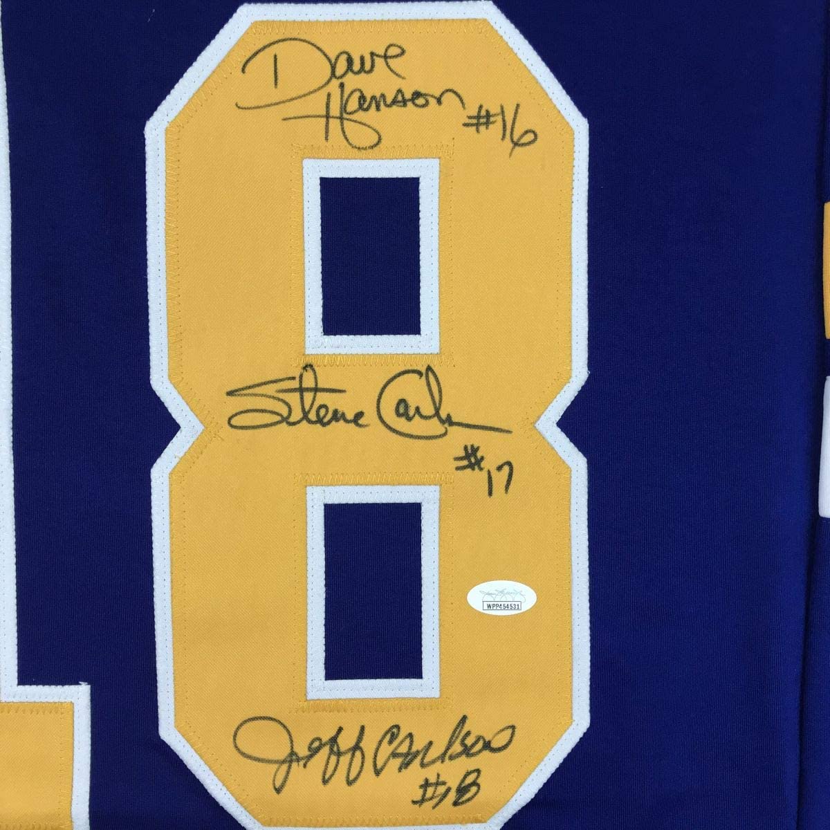 Autographed/Signed Hanson Brothers Chiefs Slap Shot Movie #18 Blue Hockey Jersey JSA COA