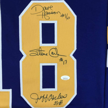 Autographed/Signed Hanson Brothers Chiefs Slap Shot Movie #18 Blue Hockey Jersey JSA COA