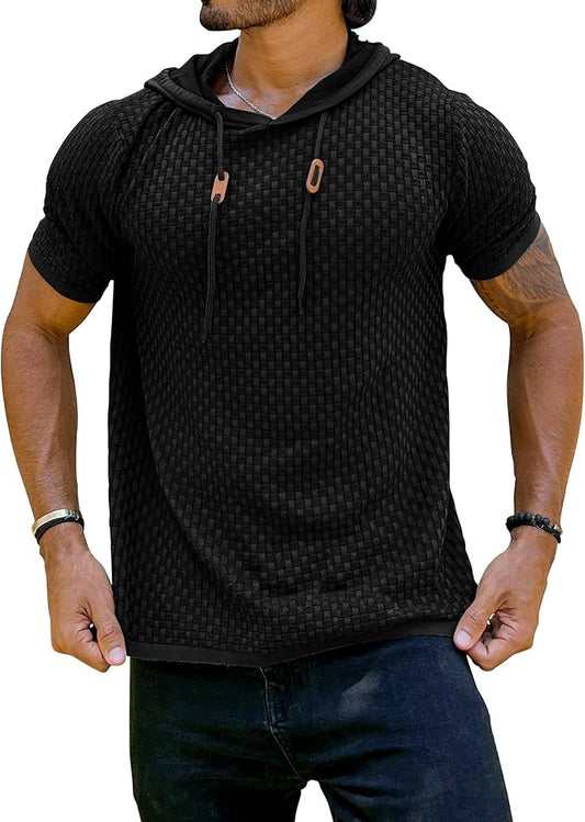 Zaitun Men's Short Sleeve Hoodie Shirt Casual Waffle Knitted Pullover Sweater‰Û_