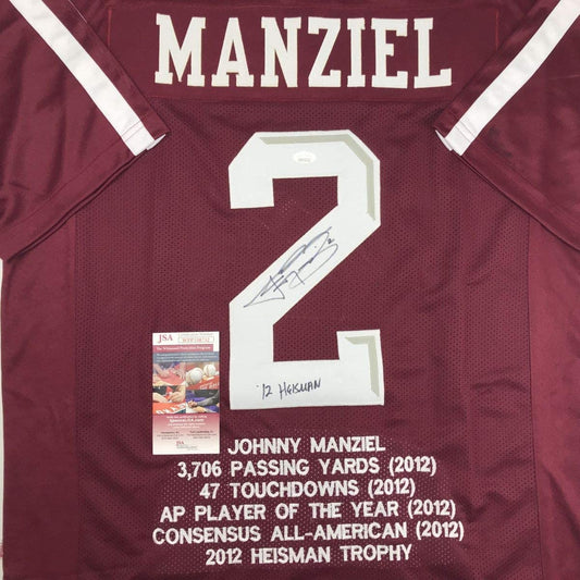 Autographed/Signed Johnny Manziel 12 Heisman Texas A&M Maroon Stat College Football Jersey JSA COA