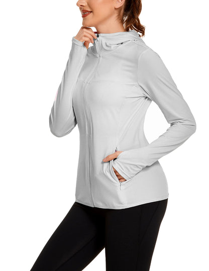 COOrun Women's UPF 50+ Sun Protection Hoodie Jacket Lightweight Full Zip Running Jacket Athletic Jacket with Thumb Holes