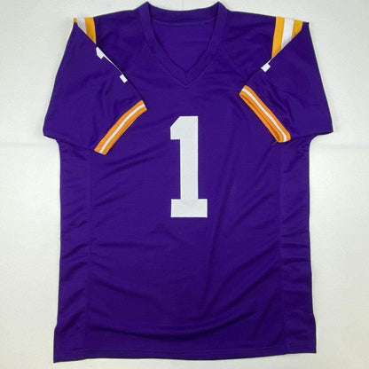 Autographed/Signed Ja'Marr Chase LSU Purple College Football Jersey Beckett BAS COA