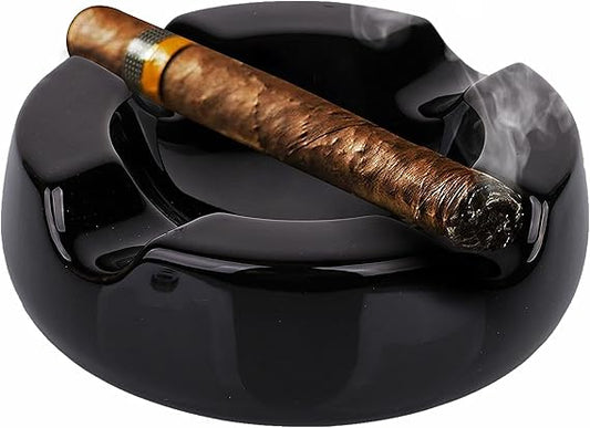 Cigar Ashtray Outdoor Cigarette Ash Tray _ÑÐ Round 5.9 inch Ceramic Ashtrays Black Glossy Cigar Rest for Indoor, Outdoor, Patio, Home, Office Use _ÑÐ Cigar Accessories Gift Set for Men and Women