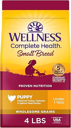 Wellness Complete Health Puppy Dry Dog Food, Small Breed, Wholesome Grains, Natural, Chicken, Oatmeal, & Salmon Recipe, (4-Pound Bag)