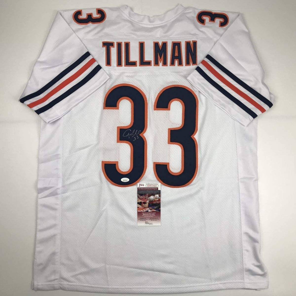 Autographed/Signed Charles Tillman Peanut Chicago White Football Jersey JSA COA
