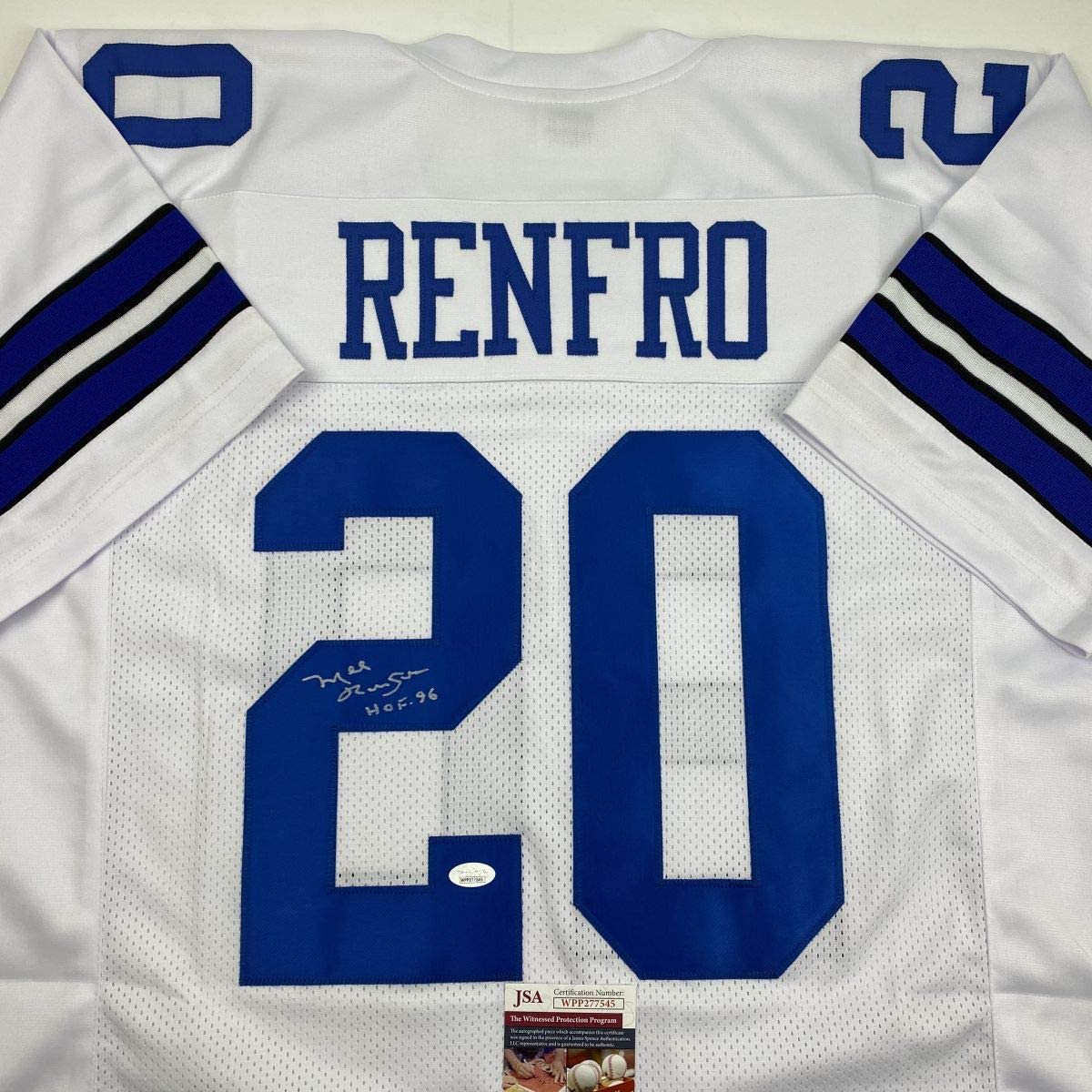 Autographed/Signed Mel Renfro HOF 96 Dallas White Football Jersey JSA COA