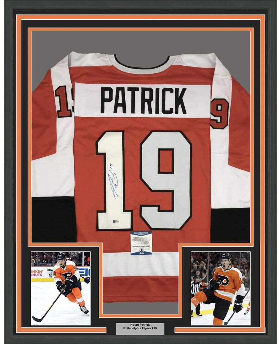 Framed Autographed/Signed Nolan Patrick 35x39 Philadelphia Orange Hockey Jersey Beckett BAS COA
