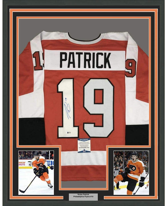 Framed Autographed/Signed Nolan Patrick 35x39 Philadelphia Orange Hockey Jersey Beckett BAS COA