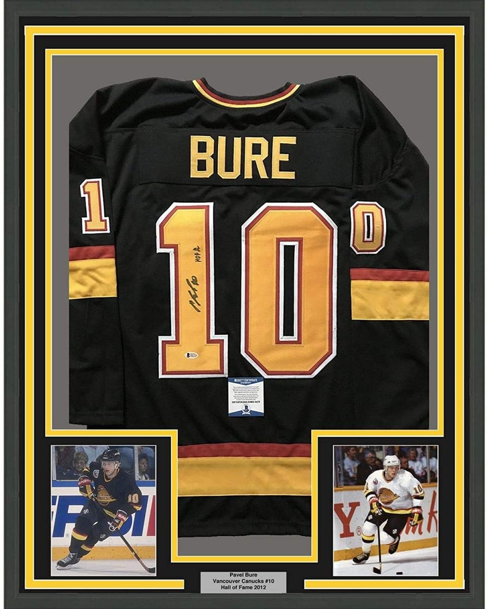 Framed Autographed/Signed Pavel Bure HOF 12  35x39 Vancouver Canucks Black Hockey Jersey Beckett BAS COA
