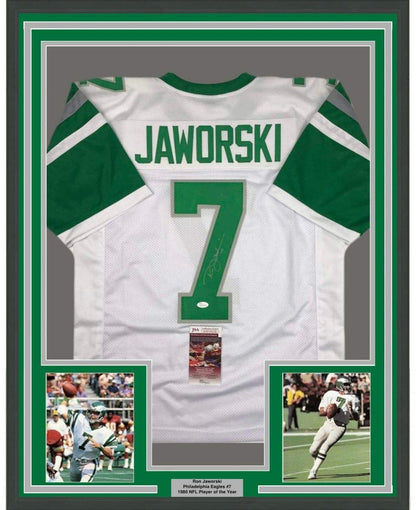 Framed Autographed/Signed Ron Jaworski 35x39 Philadelphia White Football Jersey JSA COA