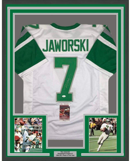 Framed Autographed/Signed Ron Jaworski 35x39 Philadelphia White Football Jersey JSA COA