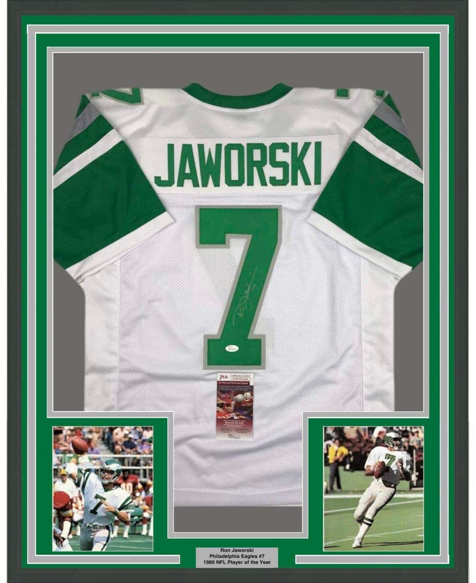 Framed Autographed/Signed Ron Jaworski 35x39 Philadelphia White Football Jersey JSA COA